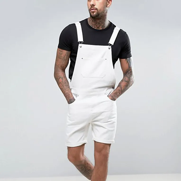 Men's Fashion Casual Solid Color Denim Overalls Shorts Straight Leg Mid Waist