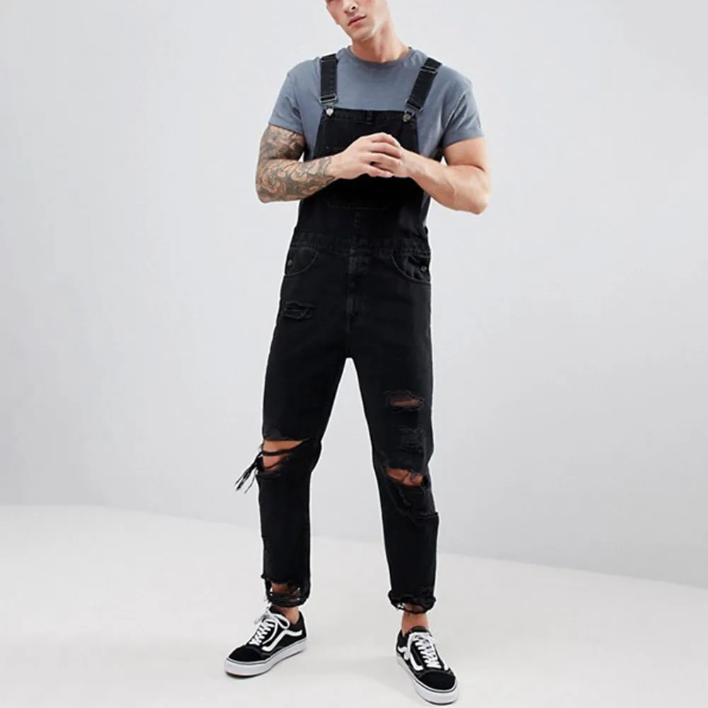 Men's Fashion Casual Solid Color Ripped Denim Overalls Long Mid-Waist Straight Leg