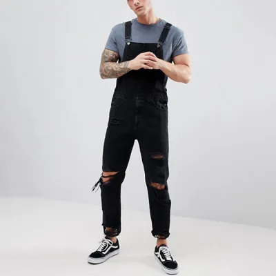 Men's Fashion Casual Solid Color Ripped Denim Overalls Long Mid-Waist Straight Leg