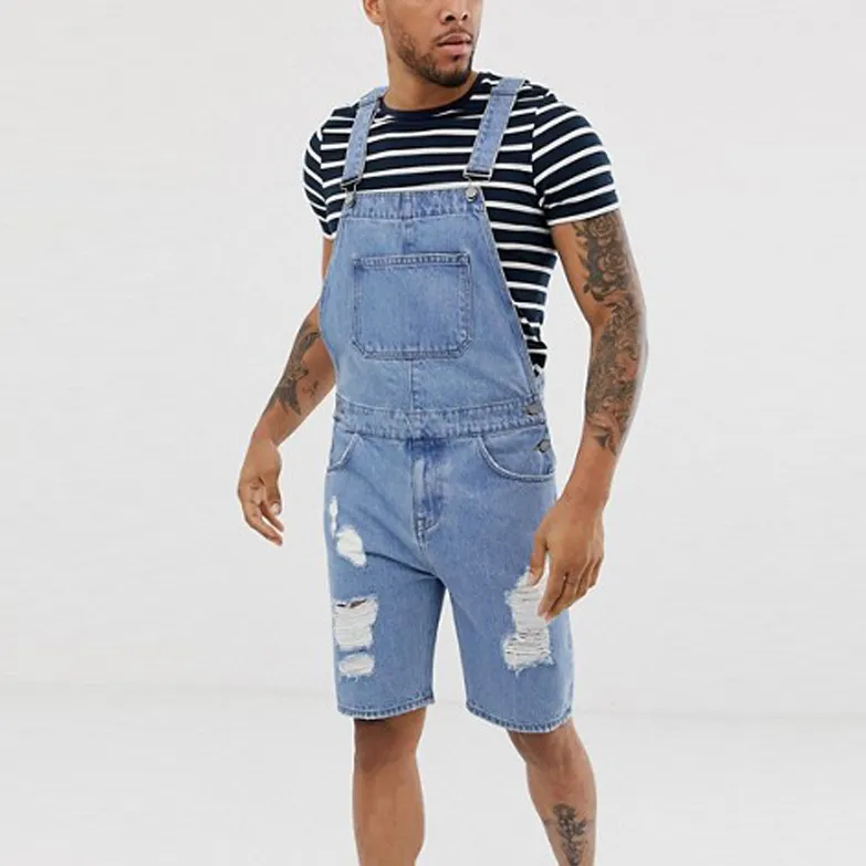 Men's Fashion Ripped Denim Overalls with Contrast Color Straight Leg