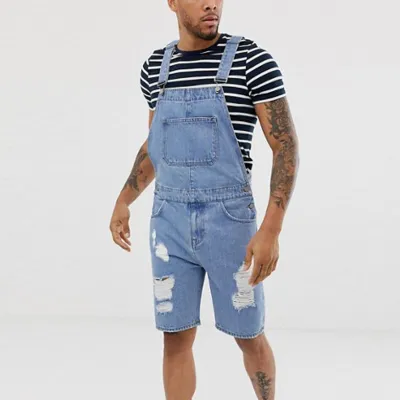 Men's Fashion Ripped Denim Overalls with Contrast Color Straight Leg