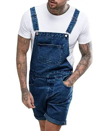 Men's Fashion Retro Contrast Denim Overalls Shorts Straight-Leg Mid-Waist
