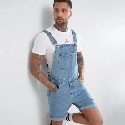 Men's Fashion Retro Contrast Denim Overalls Shorts Straight-Leg Mid-Waist