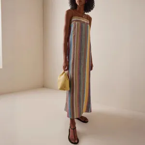 Summer Women Fashion Rainbow Stripe Loose Strap Maxi Dress