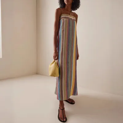 Summer Women Fashion Rainbow Stripe Loose Strap Maxi Dress