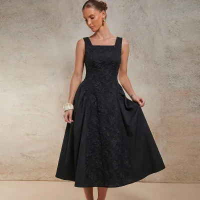 Women'S Elegant Casual Solid Color Embossed Strap Midi A- Line Dress