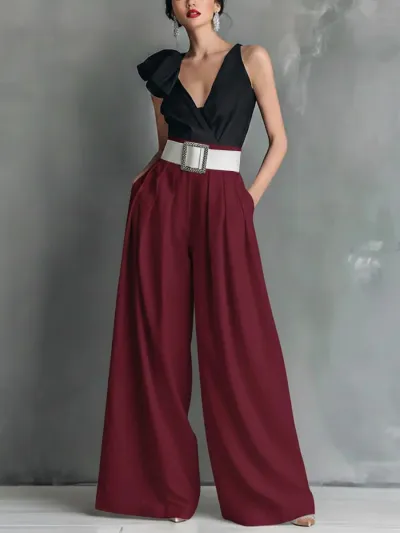 Women Fashion High Waist Loose Solid Color Office Wide Leg Pants