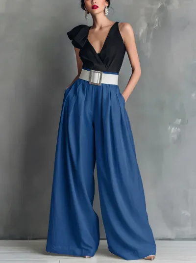Women Fashion High Waist Loose Solid Color Office Wide Leg Pants