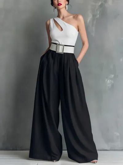 Women Fashion High Waist Loose Solid Color Office Wide Leg Pants
