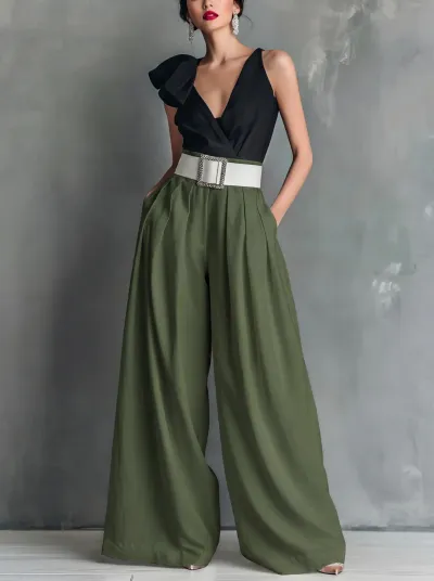 Women Fashion High Waist Loose Solid Color Office Wide Leg Pants
