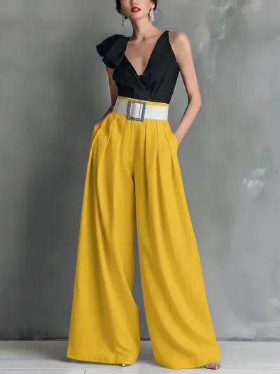 Women Fashion High Waist Loose Solid Color Office Wide Leg Pants