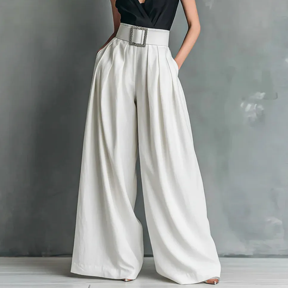 Women Fashion High Waist Loose Solid Color Office Wide Leg Pants