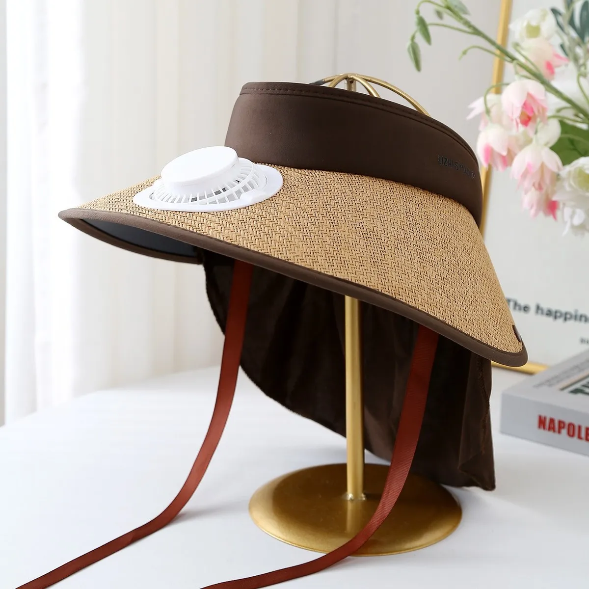 Women Fashion Solid Color Straw UV-Resistant Face-Shading Shawl Fan Sun Hat
