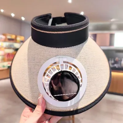 Women Solar Travel UV-Proof Woven Straw Fan Hat USB Rechargeable Air Top Hat