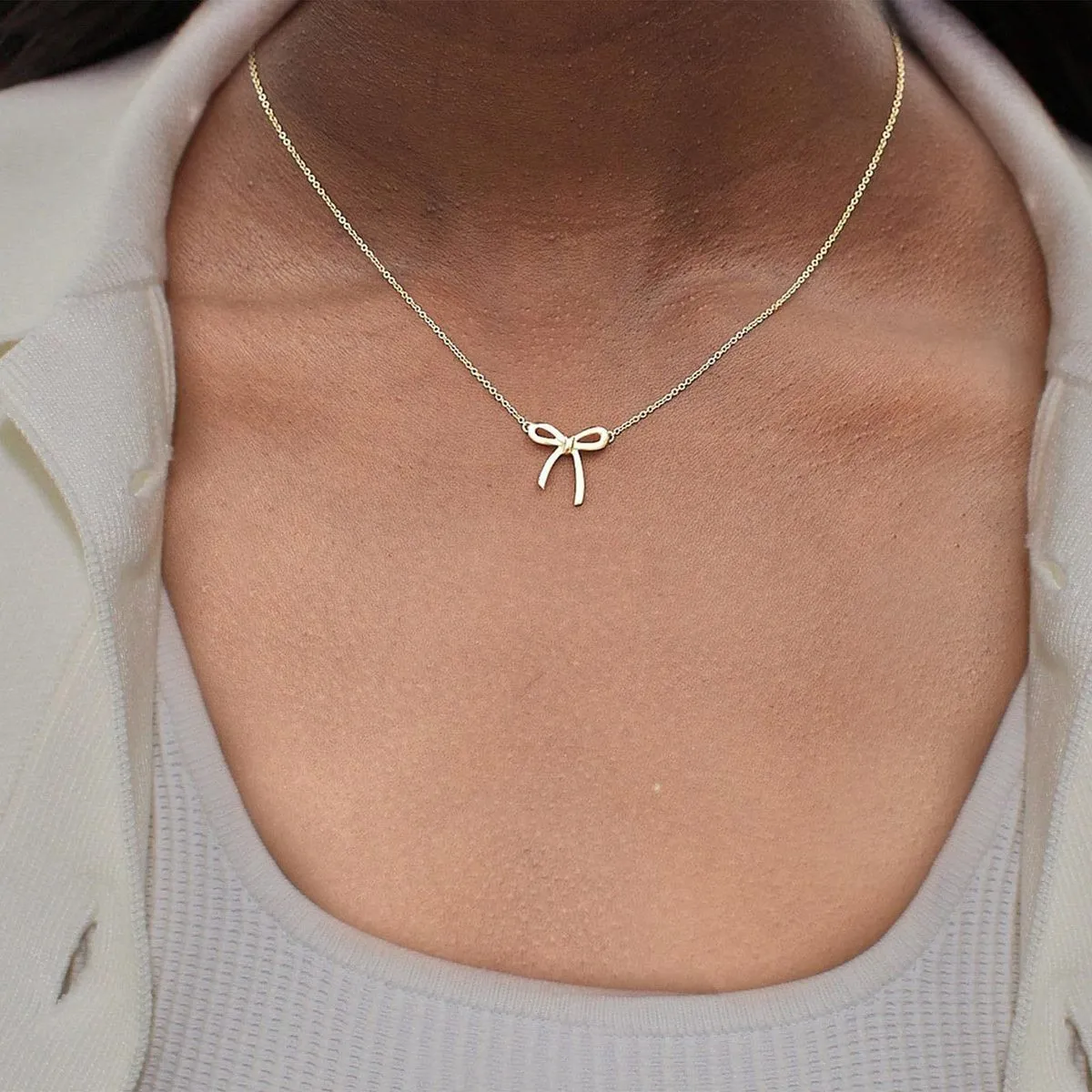 Women Fashion Simple Bowknot Pendant Necklace Copper Cross Chain