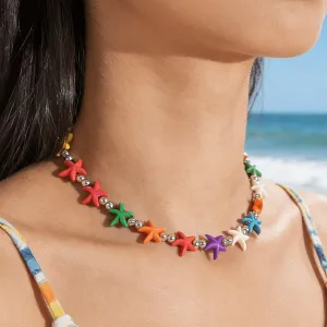 Women Boho Turquoise Starfish Beaded Necklace Ocean Wind Multicolor Dopamine