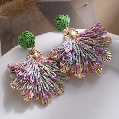 Women's Ethnic Boho Hand-Woven Raffia Multicolor Floral Earrings