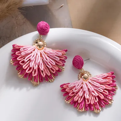 Women's Ethnic Boho Hand-Woven Raffia Multicolor Floral Earrings