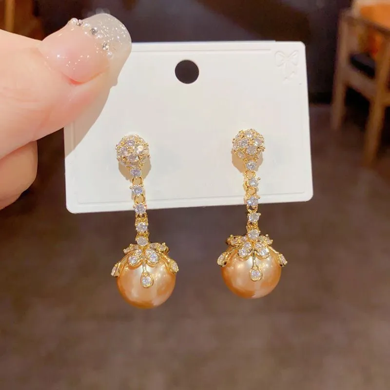 Women Fashion Retro Champagne Zircon Beads Drop Earrings