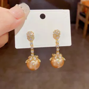 Women Fashion Retro Champagne Zircon Beads Drop Earrings