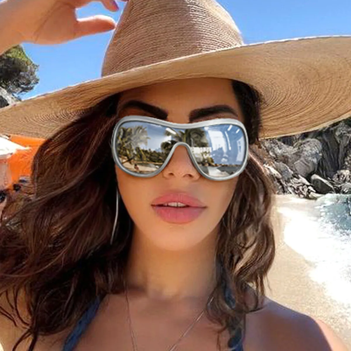 Y2K Personality Oblong Mirror Sunglasses Large Frame Outdoor