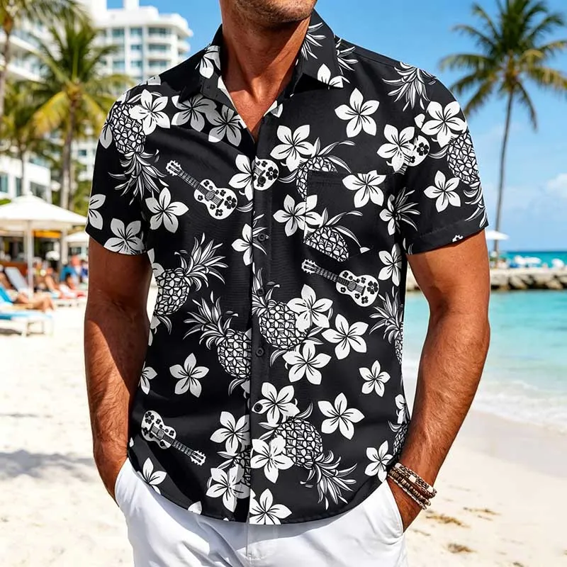 Men’s Fashion Casual Summer Hawaiian Printed Lapel Short-Sleeve Cardigan Shirts