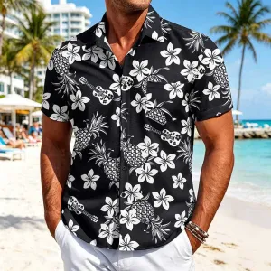 Men’s Fashion Casual Summer Hawaiian Printed Lapel Short-Sleeve Cardigan Shirts