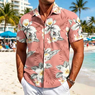 Men's Summer Hawaiian Printed Short-Sleeve Shirts Four-Way Stretch Slim-Fit Cardigan Turn-Down Collar Color Blocking Light-Weight Polyester S-5XL
