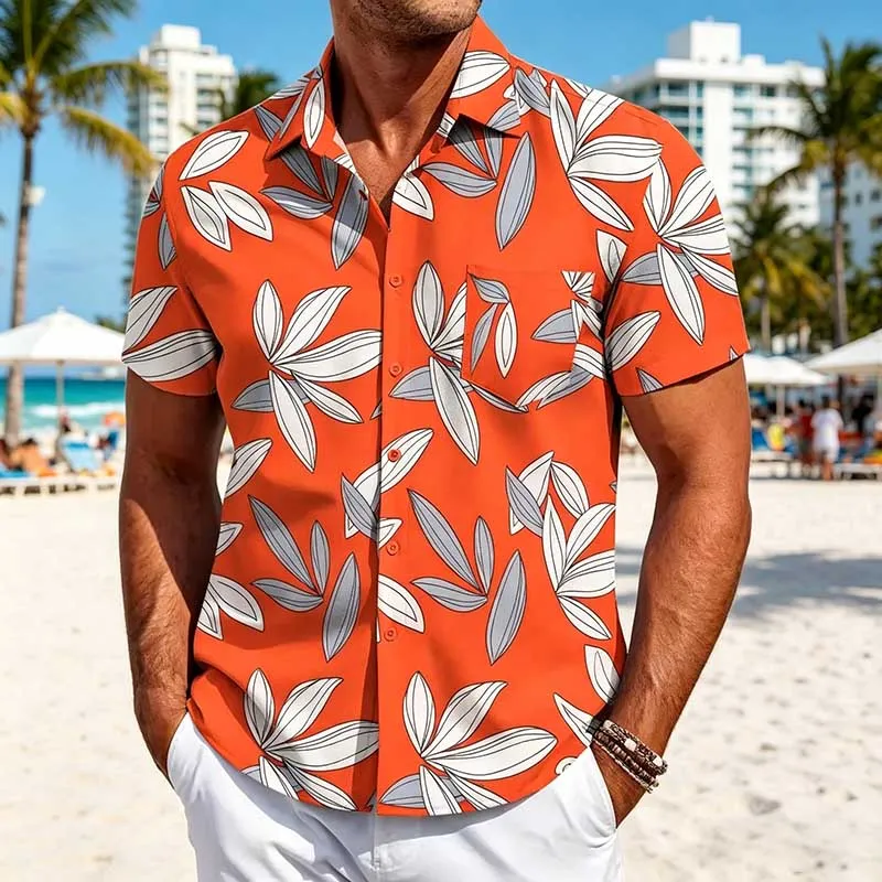 Men's Fashion Casual Summer Hawaiian Printed Four-Way Stretch Slim-Fit Short-Sleeve Shirts