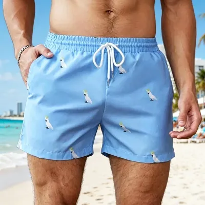 Men's Casual Bird Print Beach Shorts with Color Blocking