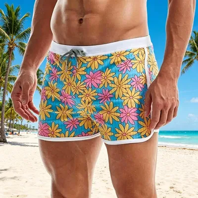 Men's Fashion Casual Summer Flower Printed Color Blocking Beach Shorts with Straight Leg