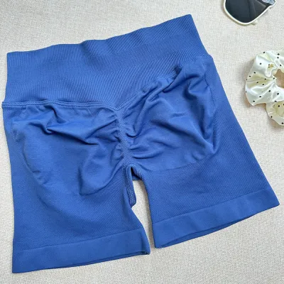 Women Fashion Casual Solid Color Waist Tight Pleated Seamless Sports Yoga Shorts