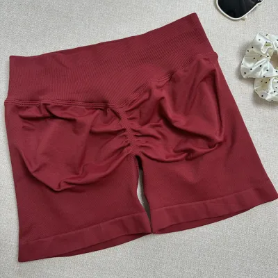 Women Fashion Casual Solid Color Waist Tight Pleated Seamless Sports Yoga Shorts