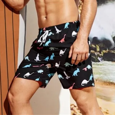 Men's Fashion Casual Summer Dinosaur Printed Color Block Beach Shorts