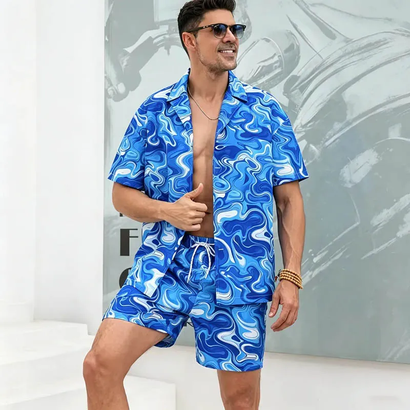 Men Fashion Casual Summer Hawaiian Ripple Printed Lapel Short-Sleeve Shirt Loose Shorts Two-Piece Set