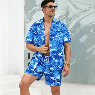Men Fashion Casual Summer Hawaiian Ripple Printed Lapel Short-Sleeve Shirt Loose Shorts Two-Piece Set