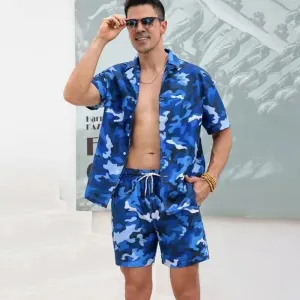 Men Fashion Casual Summer Hawaiian Ripple Print Lapel Short Sleeve Shirt Loose Shorts Two-Piece Set