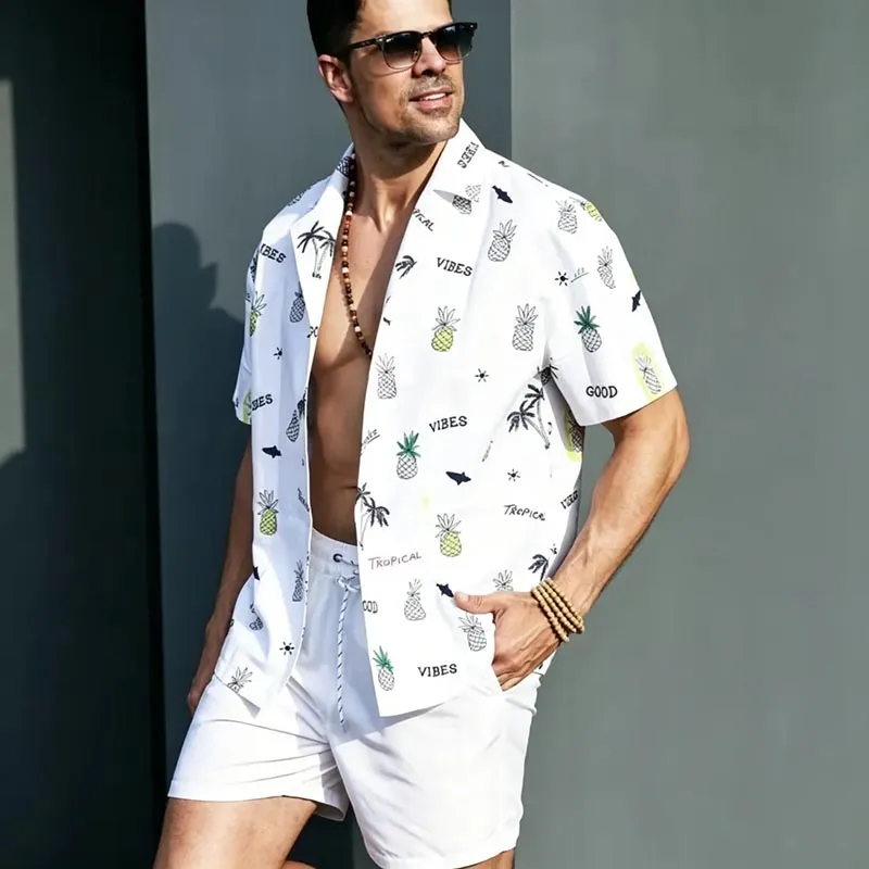 Men Fashion Casual Summer Hawaiian Pineapple Print Lapel Short-Sleeve Shirt Loose Shorts Two-Piece Set