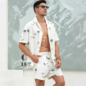 Men's Casual Hawaiian Printed Short Sleeve Shirt and Shorts Two-Piece Set