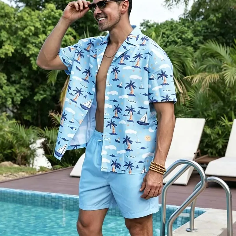Men's Fashion Casual Summer Hawaiian Ship Print Lapel Short Sleeve Shirt and Shorts Two-Piece Set