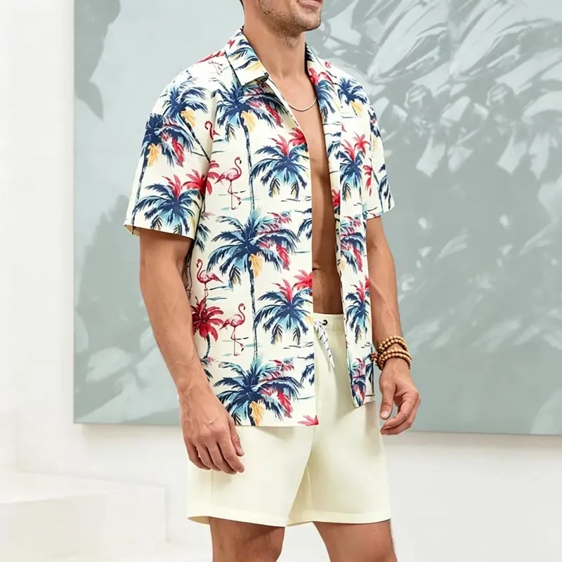 Men Fashion Casual Summer Hawaiian Coconut Tree Printed Lapel Short-Sleeve Shirt Loose Shorts Two-Piece Set