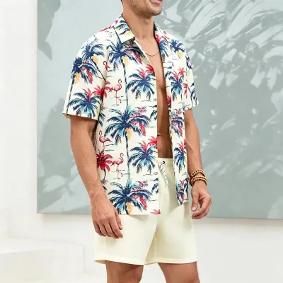 Men Fashion Casual Summer Hawaiian Coconut Tree Printed Lapel Short-Sleeve Shirt Loose Shorts Two-Piece Set