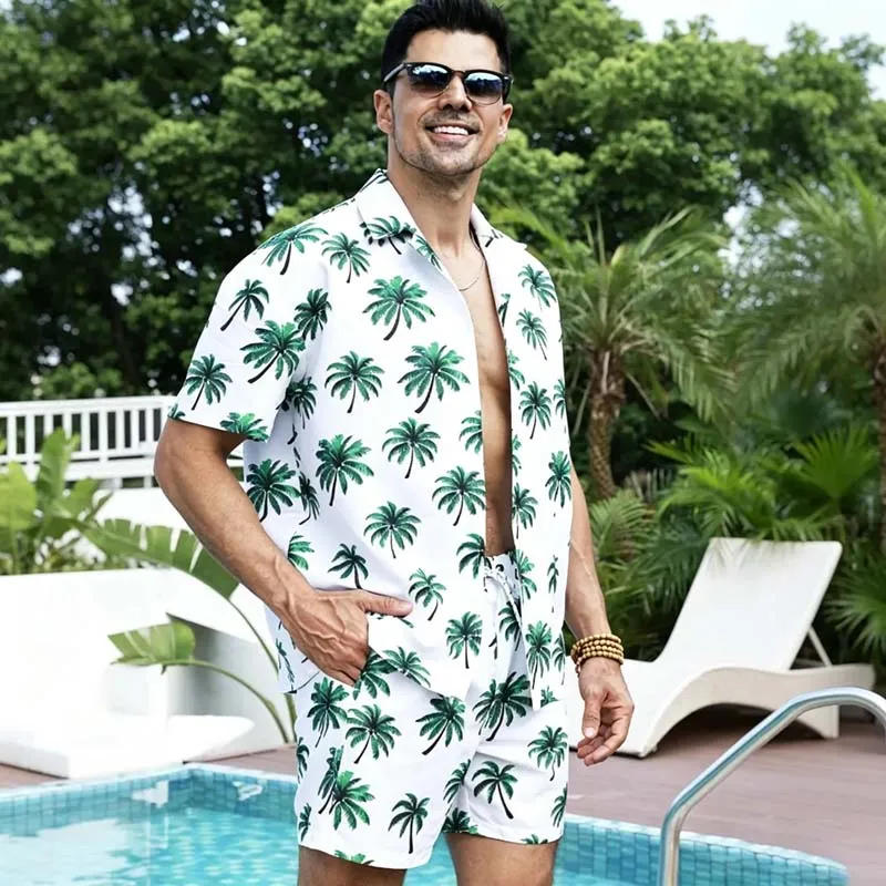 Men Fashion Casual Summer Hawaiian Coconut Printed Lapel Short-Sleeve Shirt Loose Shorts Two-Piece Set