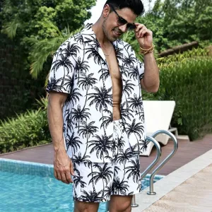 Men Fashion Casual Summer Hawaiian Coconut Tree Printed Lapel Short-Sleeve Shirt Loose Shorts Two-Piece Set