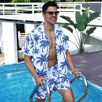 Men Fashion Casual Summer Hawaiian Coconut Tree Print Lapel Short-Sleeve Shirt Loose Shorts Set
