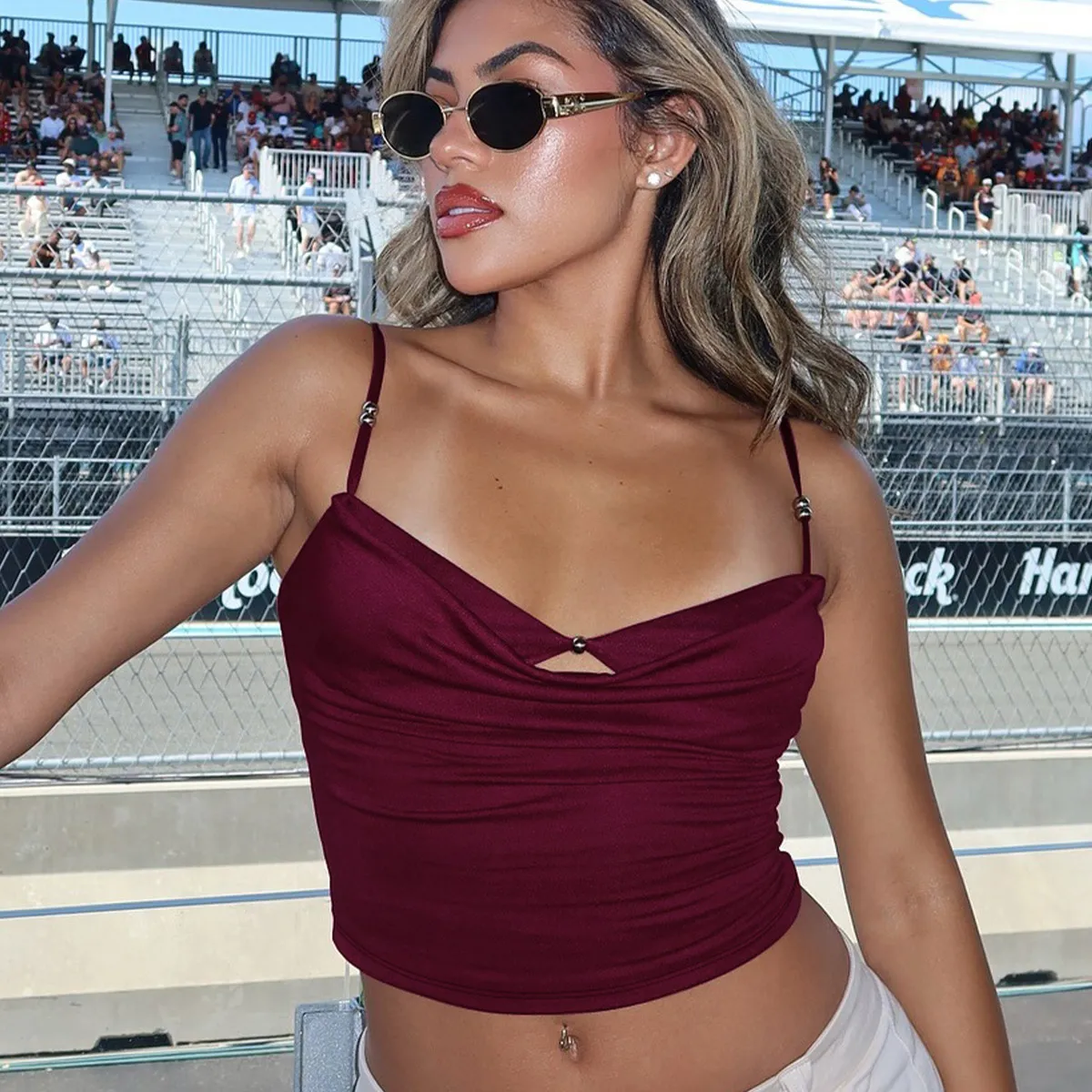 Women Fashion Sexy Summer Solid Color Slim-Fit Spaghetti Strap Crop Top