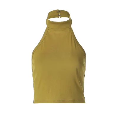 Women Fashion Sexy Solid Color Halter-Neck Backless Crop Top