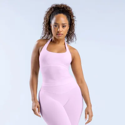 Women Fashion Casual Solid Color Seamless Halter-Neck Backless Yoga Sports Tank Top