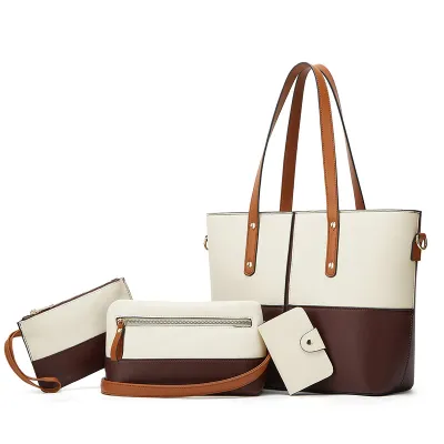 Women Fashion Casual Contrast Color Large Capacity Tote Bag Set PU Shoulder Handbag