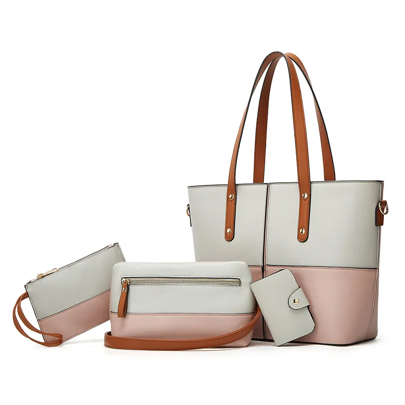 Women Fashion Casual Contrast Color Large Capacity Tote Bag Set PU Shoulder Handbag